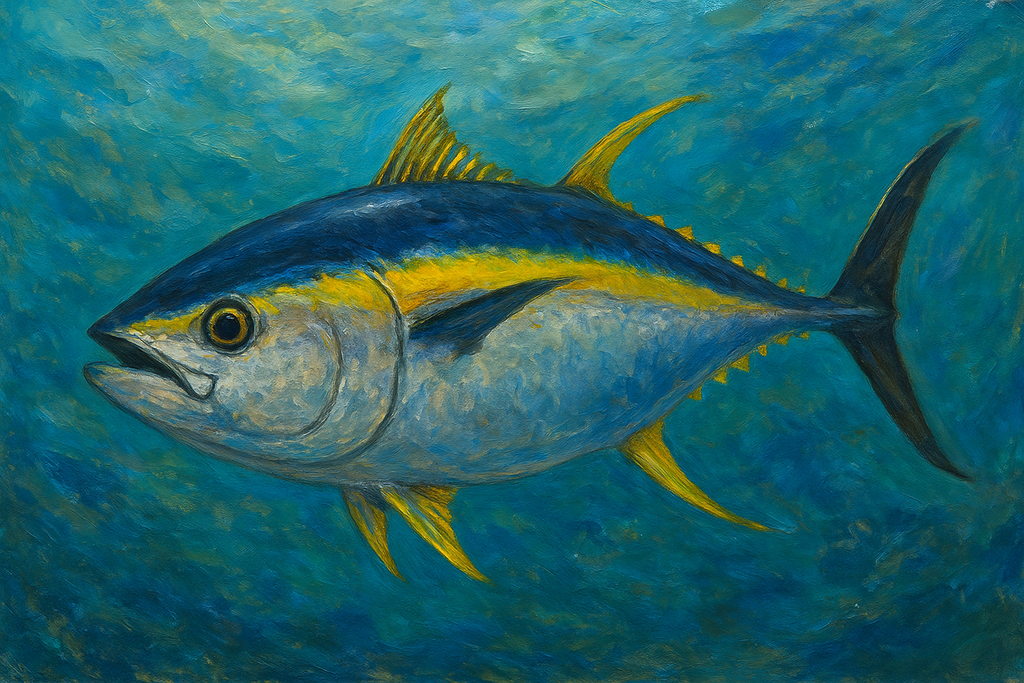 Yellow fin Tuna image on back.Unisex organic oversized high neck t-shirt - Atlantic Fish Foundry | APDMDesigns