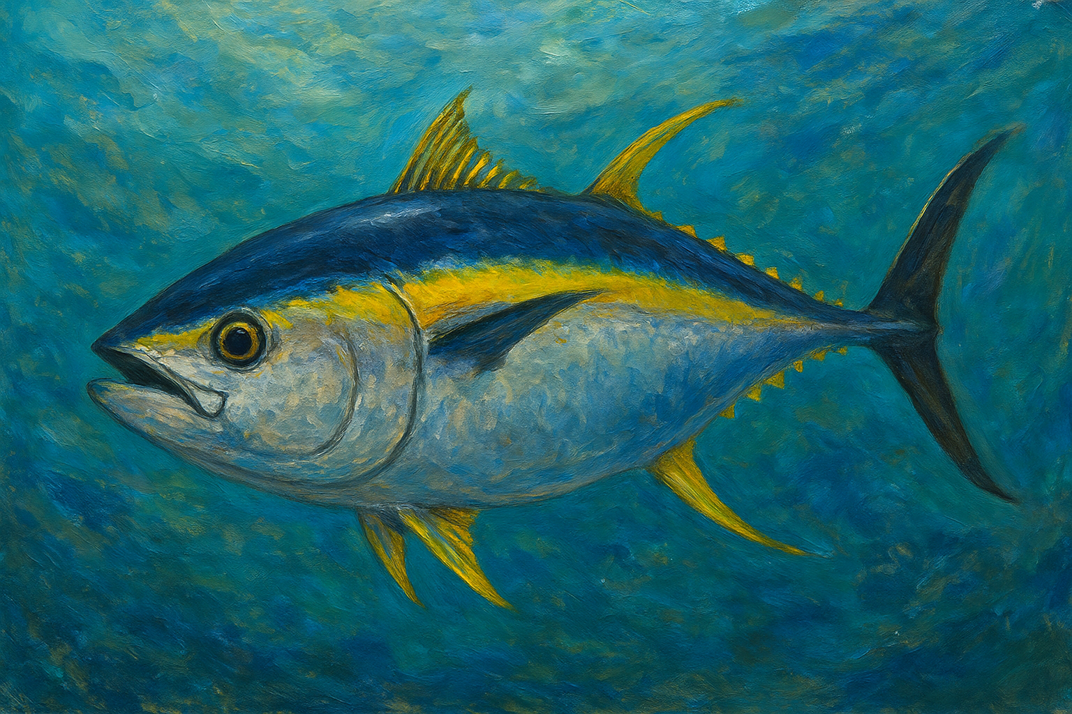 Yellow fin Tuna image on back.Unisex organic oversized high neck t-shirt - Atlantic Fish Foundry | APDMDesigns
