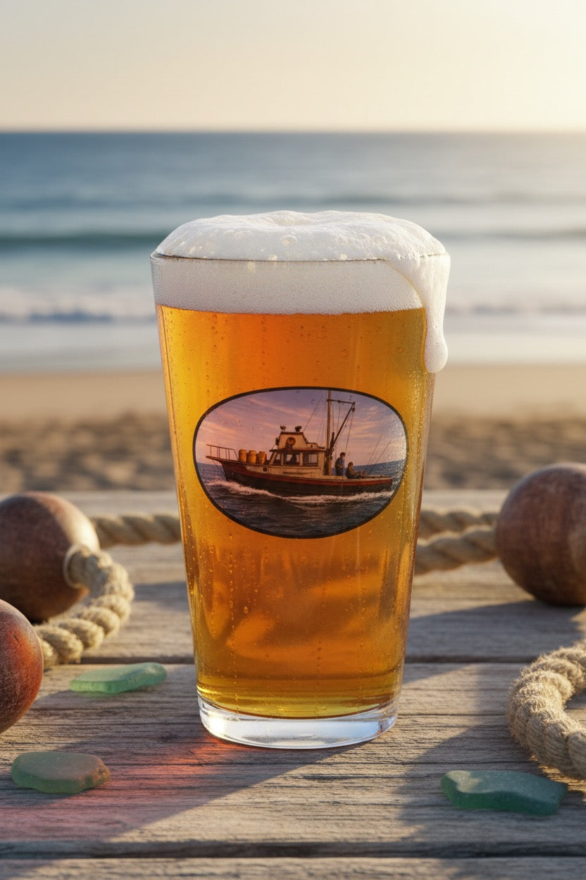 Vintage Fishing Trawler Oval Beer Glass Design