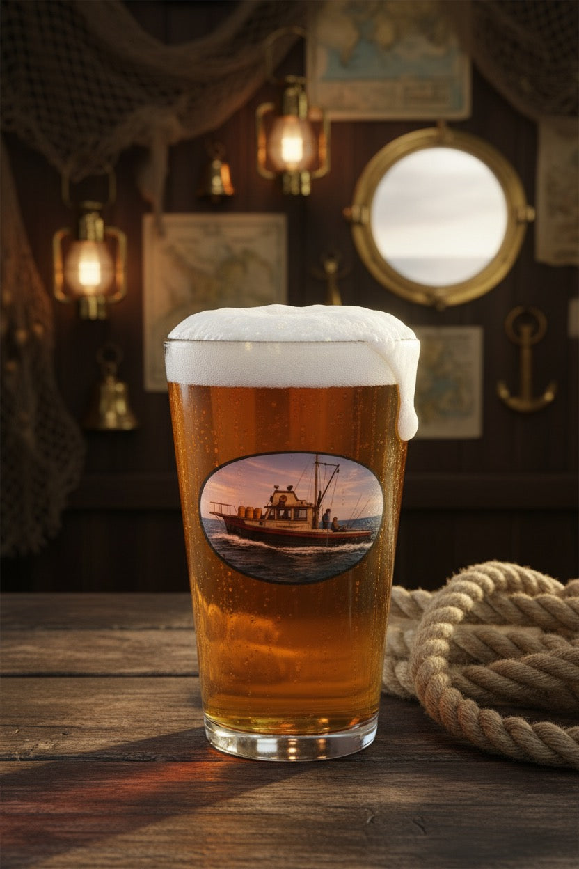 Vintage Fishing Trawler Oval Beer Glass Design