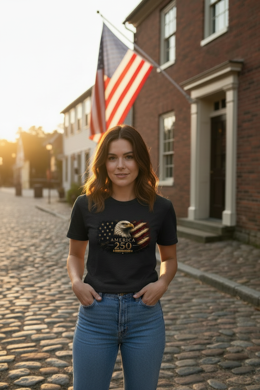 Woman wearing America 250 Freedom Eagle shirt standing on colonial cobblestone street with American flag