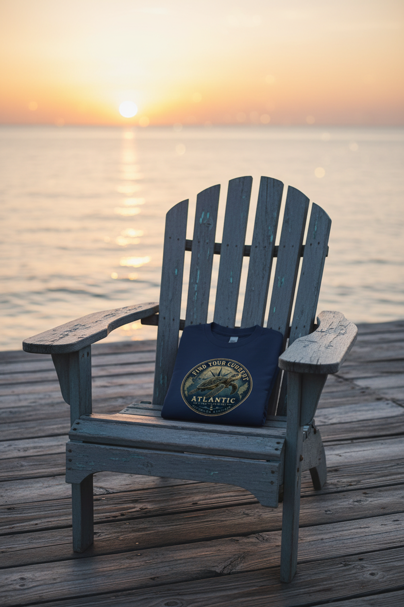 Find Your Current Sea Turtle shirt folded on Adirondack chair on weathered dock with golden sunset ocean background